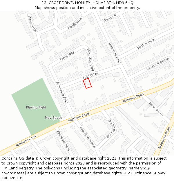 13, CROFT DRIVE, HONLEY, HOLMFIRTH, HD9 6HQ: Location map and indicative extent of plot