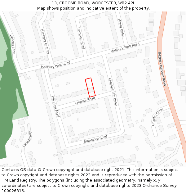 13, CROOME ROAD, WORCESTER, WR2 4PL: Location map and indicative extent of plot