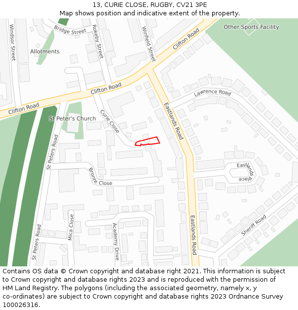 13, CURIE CLOSE, RUGBY, CV21 3PE: Location map and indicative extent of plot