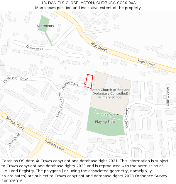 13, DANIELS CLOSE, ACTON, SUDBURY, CO10 0XA: Location map and indicative extent of plot