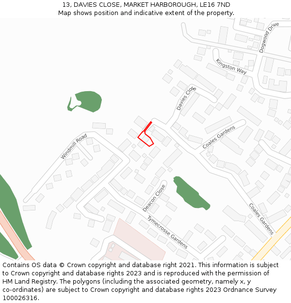 13, DAVIES CLOSE, MARKET HARBOROUGH, LE16 7ND: Location map and indicative extent of plot