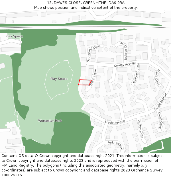 13, DAWES CLOSE, GREENHITHE, DA9 9RA: Location map and indicative extent of plot