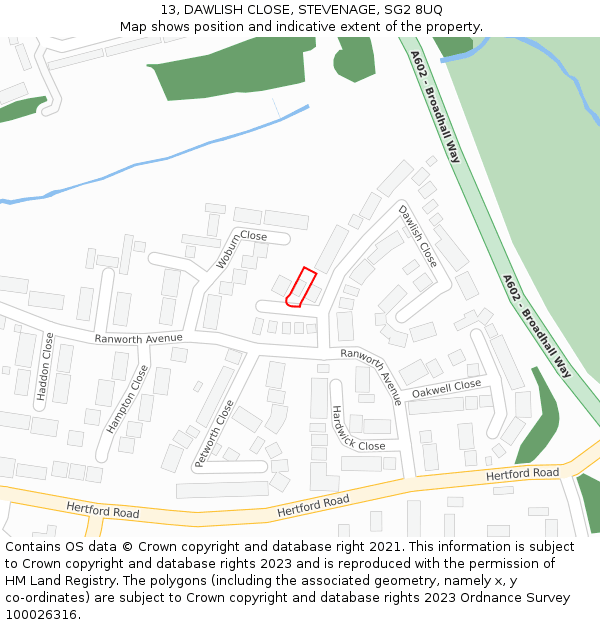 13, DAWLISH CLOSE, STEVENAGE, SG2 8UQ: Location map and indicative extent of plot