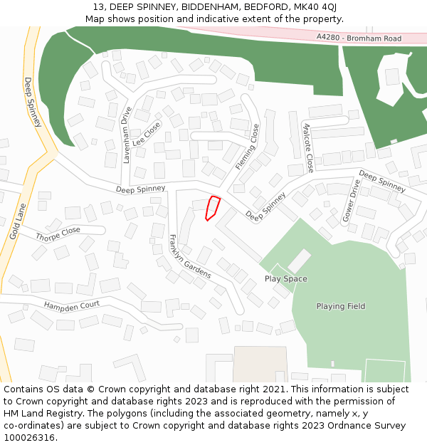 13, DEEP SPINNEY, BIDDENHAM, BEDFORD, MK40 4QJ: Location map and indicative extent of plot