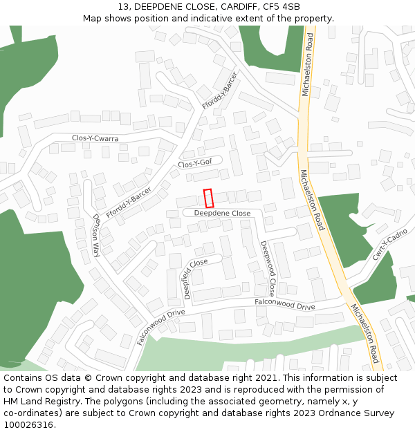 13, DEEPDENE CLOSE, CARDIFF, CF5 4SB: Location map and indicative extent of plot