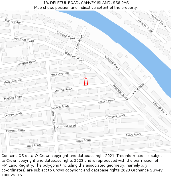 13, DELFZUL ROAD, CANVEY ISLAND, SS8 9AS: Location map and indicative extent of plot