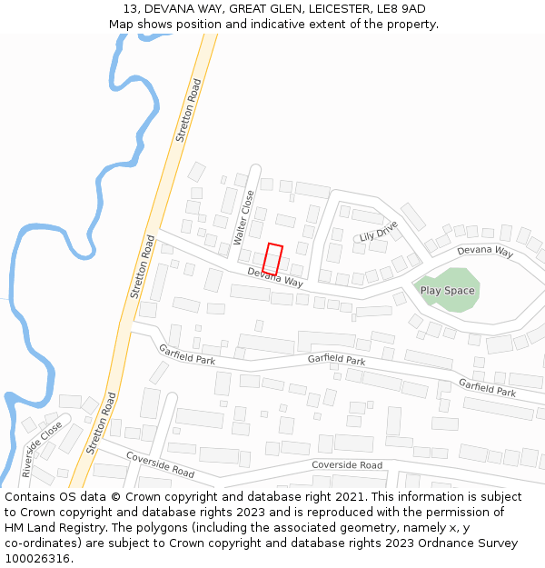 13, DEVANA WAY, GREAT GLEN, LEICESTER, LE8 9AD: Location map and indicative extent of plot