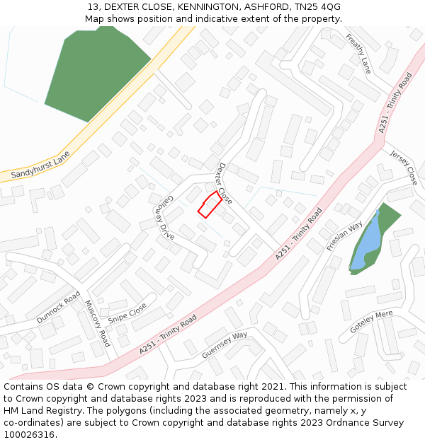 13, DEXTER CLOSE, KENNINGTON, ASHFORD, TN25 4QG: Location map and indicative extent of plot