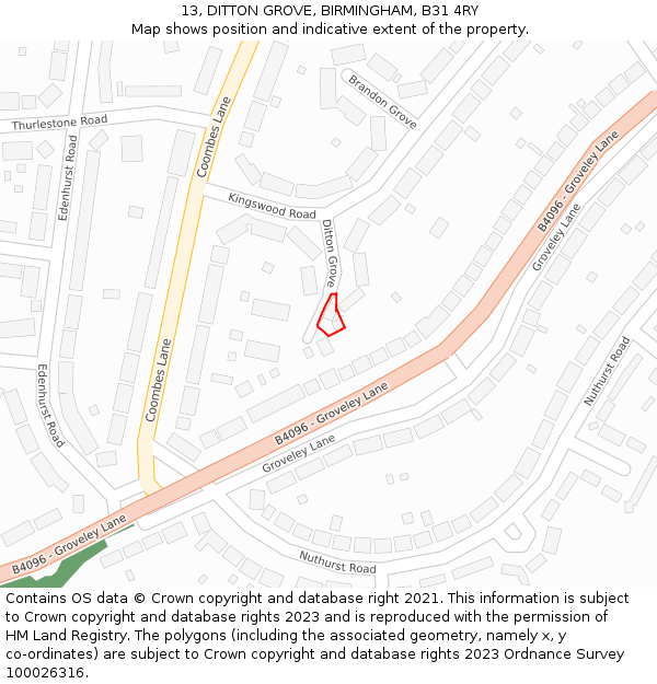 13, DITTON GROVE, BIRMINGHAM, B31 4RY: Location map and indicative extent of plot