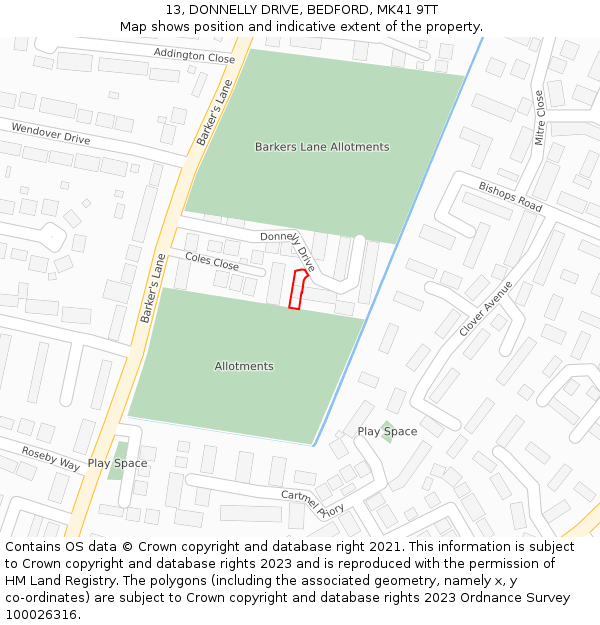 13, DONNELLY DRIVE, BEDFORD, MK41 9TT: Location map and indicative extent of plot