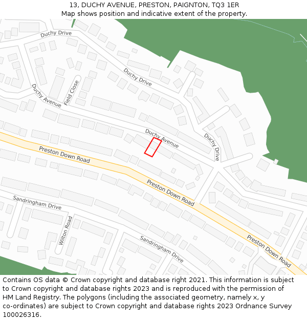 13, DUCHY AVENUE, PRESTON, PAIGNTON, TQ3 1ER: Location map and indicative extent of plot