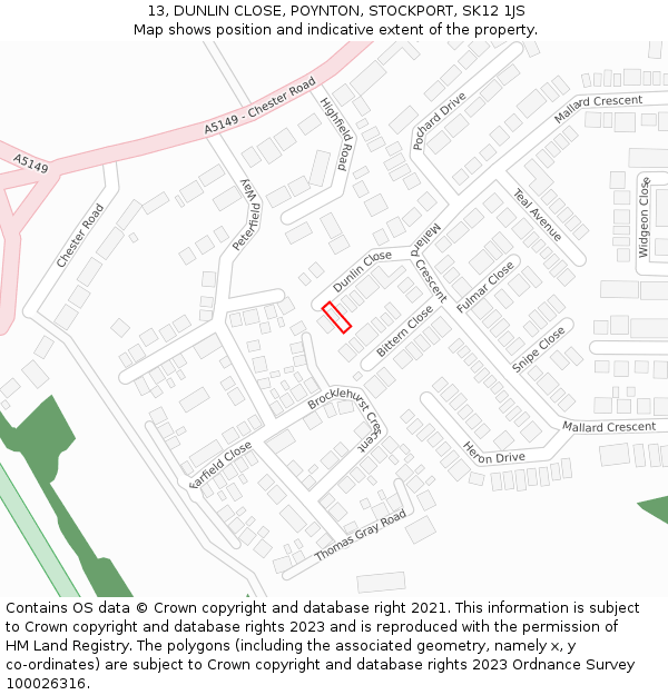 13, DUNLIN CLOSE, POYNTON, STOCKPORT, SK12 1JS: Location map and indicative extent of plot