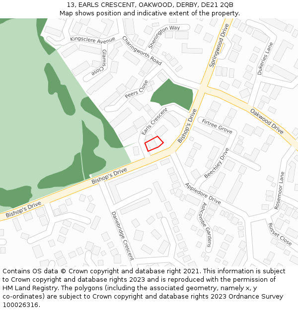 13, EARLS CRESCENT, OAKWOOD, DERBY, DE21 2QB: Location map and indicative extent of plot