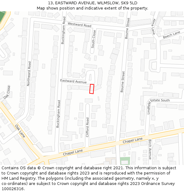 13, EASTWARD AVENUE, WILMSLOW, SK9 5LD: Location map and indicative extent of plot