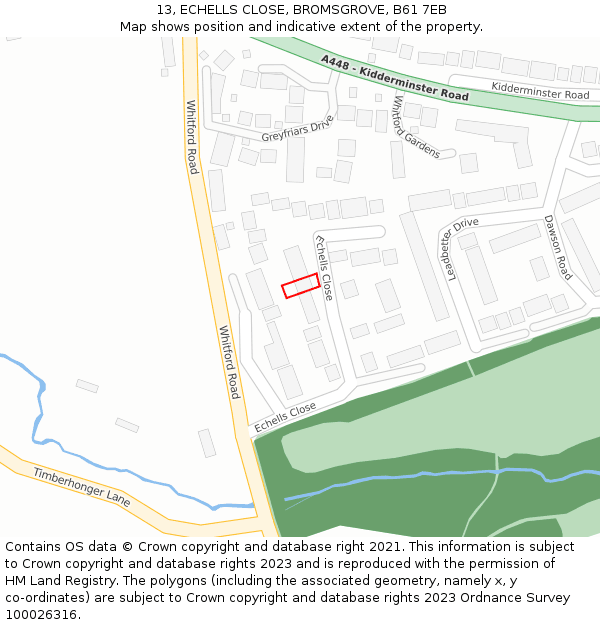 13, ECHELLS CLOSE, BROMSGROVE, B61 7EB: Location map and indicative extent of plot