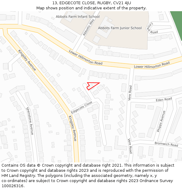 13, EDGECOTE CLOSE, RUGBY, CV21 4JU: Location map and indicative extent of plot
