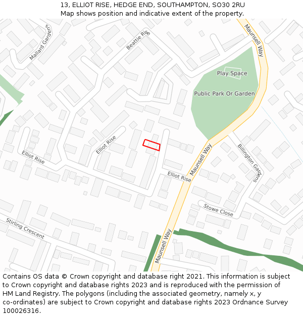 13, ELLIOT RISE, HEDGE END, SOUTHAMPTON, SO30 2RU: Location map and indicative extent of plot