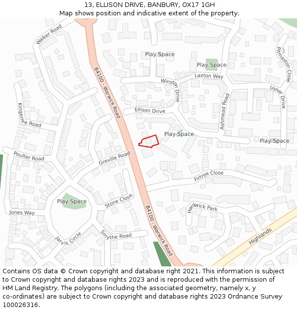 13, ELLISON DRIVE, BANBURY, OX17 1GH: Location map and indicative extent of plot