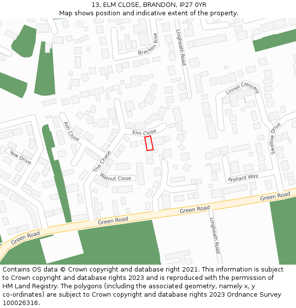 13, ELM CLOSE, BRANDON, IP27 0YR: Location map and indicative extent of plot