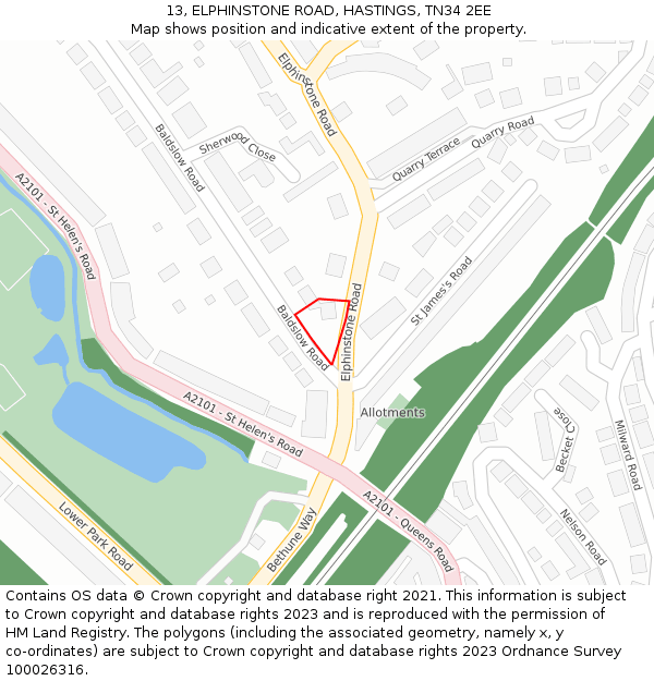 13, ELPHINSTONE ROAD, HASTINGS, TN34 2EE: Location map and indicative extent of plot