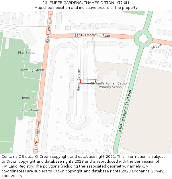 13, EMBER GARDENS, THAMES DITTON, KT7 0LL: Location map and indicative extent of plot