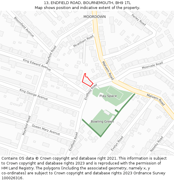 13, ENDFIELD ROAD, BOURNEMOUTH, BH9 1TL: Location map and indicative extent of plot