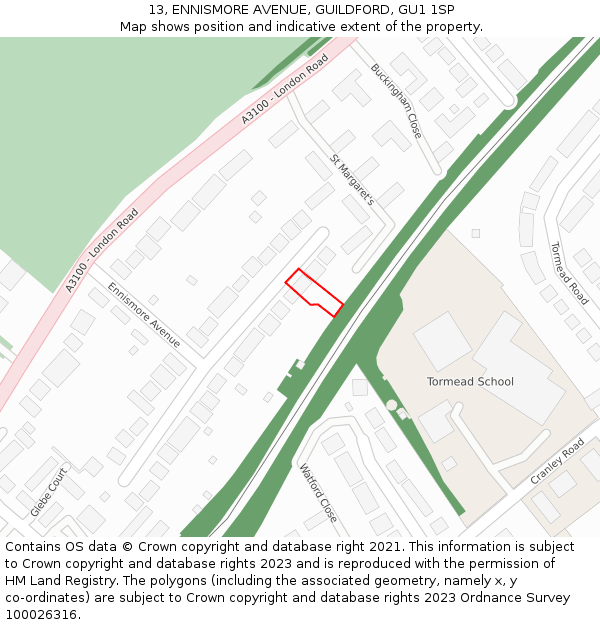 13, ENNISMORE AVENUE, GUILDFORD, GU1 1SP: Location map and indicative extent of plot
