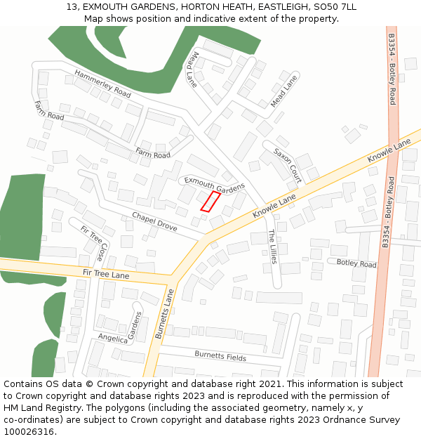 13, EXMOUTH GARDENS, HORTON HEATH, EASTLEIGH, SO50 7LL: Location map and indicative extent of plot