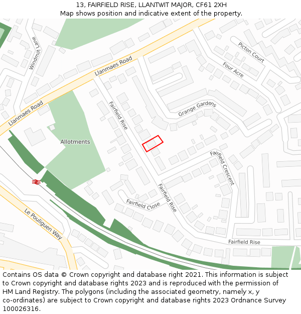 13, FAIRFIELD RISE, LLANTWIT MAJOR, CF61 2XH: Location map and indicative extent of plot