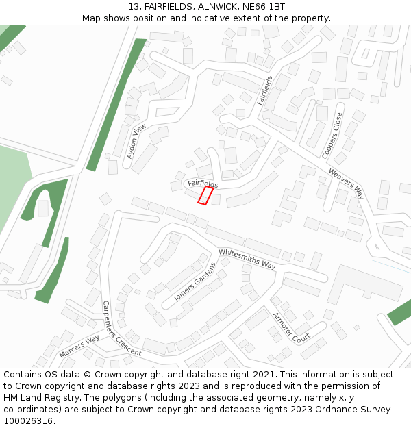 13, FAIRFIELDS, ALNWICK, NE66 1BT: Location map and indicative extent of plot