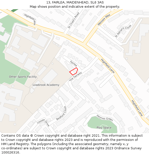 13, FAIRLEA, MAIDENHEAD, SL6 3AS: Location map and indicative extent of plot