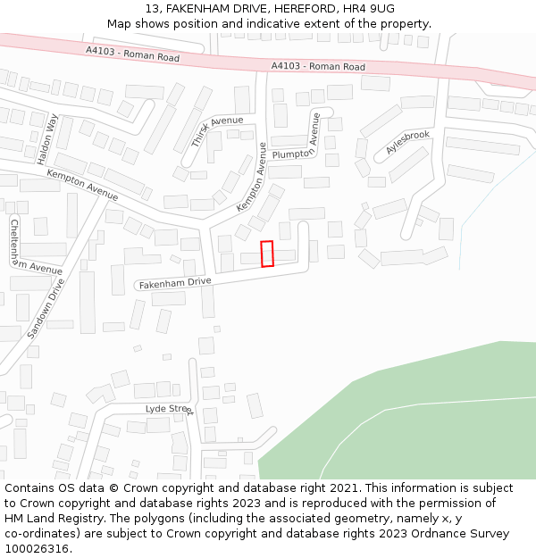 13, FAKENHAM DRIVE, HEREFORD, HR4 9UG: Location map and indicative extent of plot