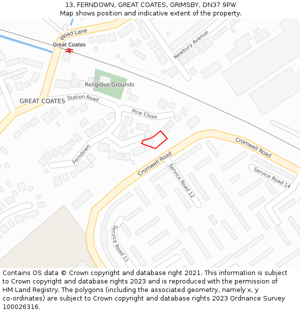 13, FERNDOWN, GREAT COATES, GRIMSBY, DN37 9PW: Location map and indicative extent of plot