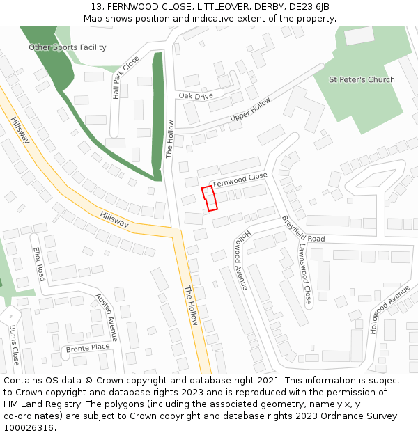 13, FERNWOOD CLOSE, LITTLEOVER, DERBY, DE23 6JB: Location map and indicative extent of plot