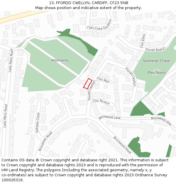 13, FFORDD CWELLYN, CARDIFF, CF23 5NB: Location map and indicative extent of plot