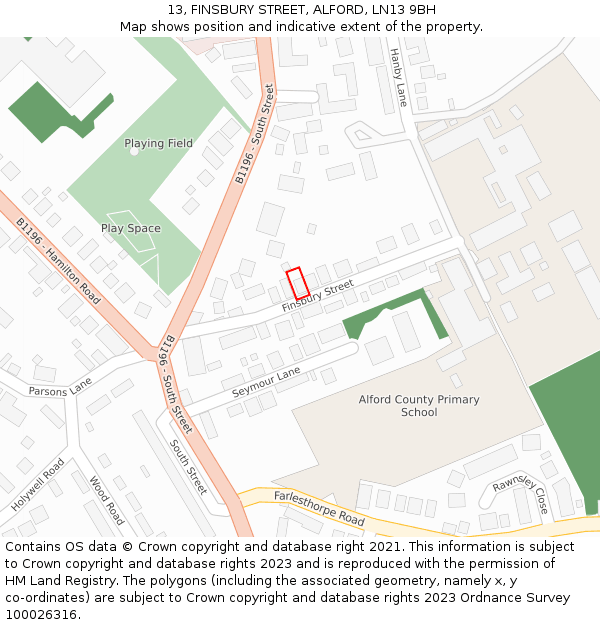 13, FINSBURY STREET, ALFORD, LN13 9BH: Location map and indicative extent of plot