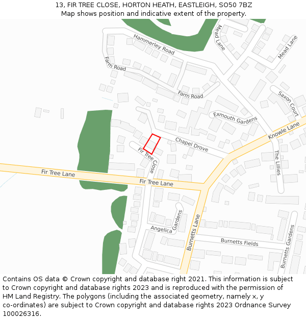 13, FIR TREE CLOSE, HORTON HEATH, EASTLEIGH, SO50 7BZ: Location map and indicative extent of plot