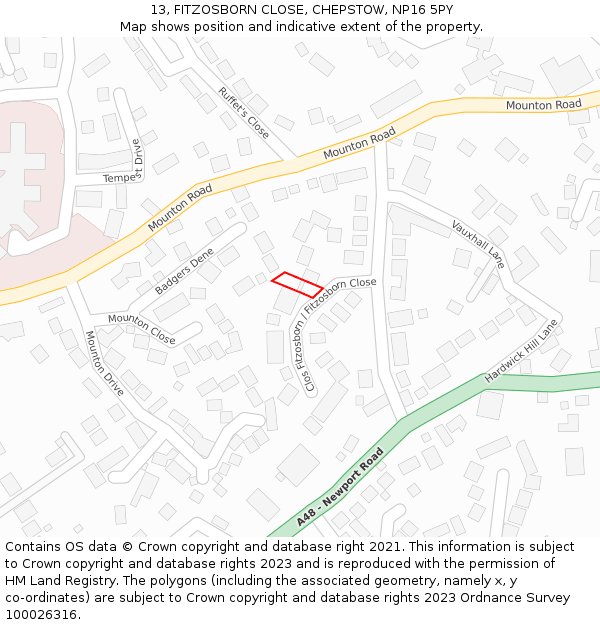 13, FITZOSBORN CLOSE, CHEPSTOW, NP16 5PY: Location map and indicative extent of plot