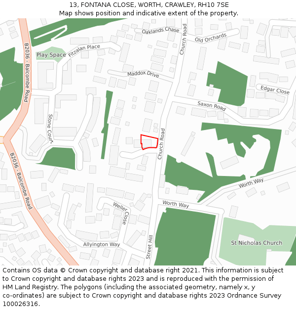 13, FONTANA CLOSE, WORTH, CRAWLEY, RH10 7SE: Location map and indicative extent of plot