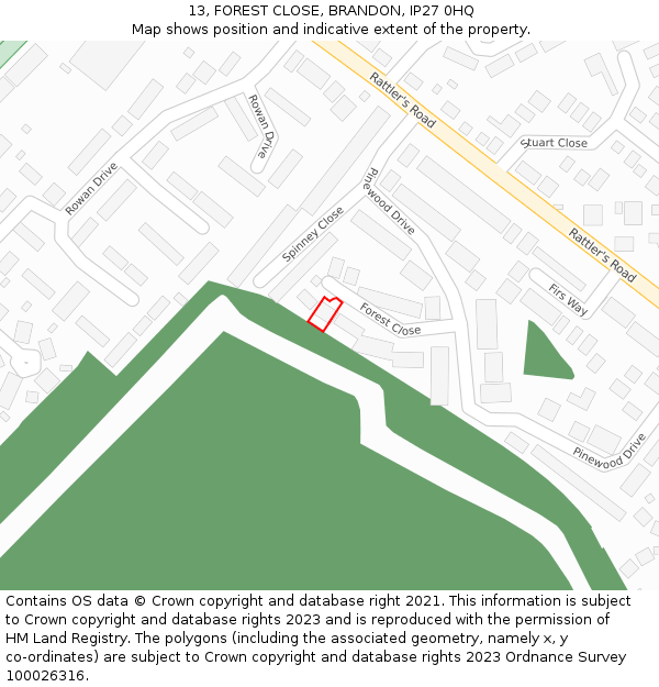 13, FOREST CLOSE, BRANDON, IP27 0HQ: Location map and indicative extent of plot