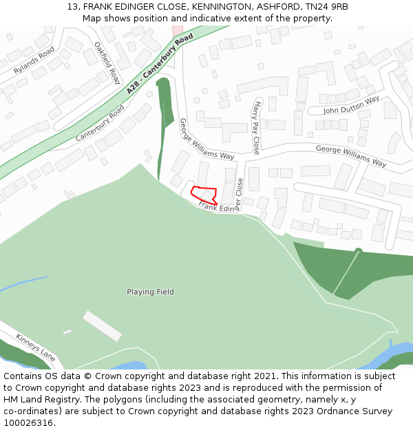 13, FRANK EDINGER CLOSE, KENNINGTON, ASHFORD, TN24 9RB: Location map and indicative extent of plot