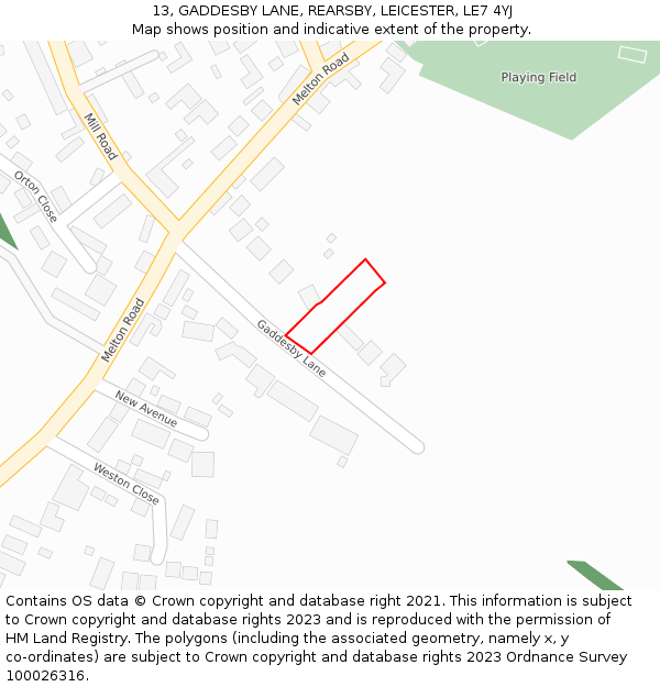 13, GADDESBY LANE, REARSBY, LEICESTER, LE7 4YJ: Location map and indicative extent of plot