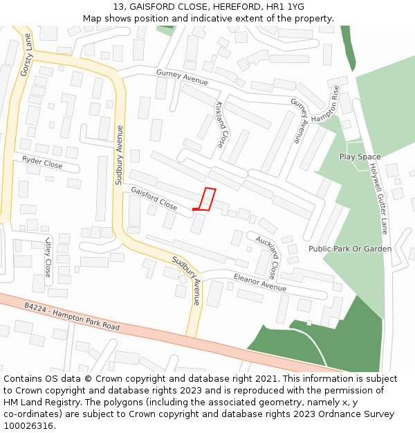 13, GAISFORD CLOSE, HEREFORD, HR1 1YG: Location map and indicative extent of plot