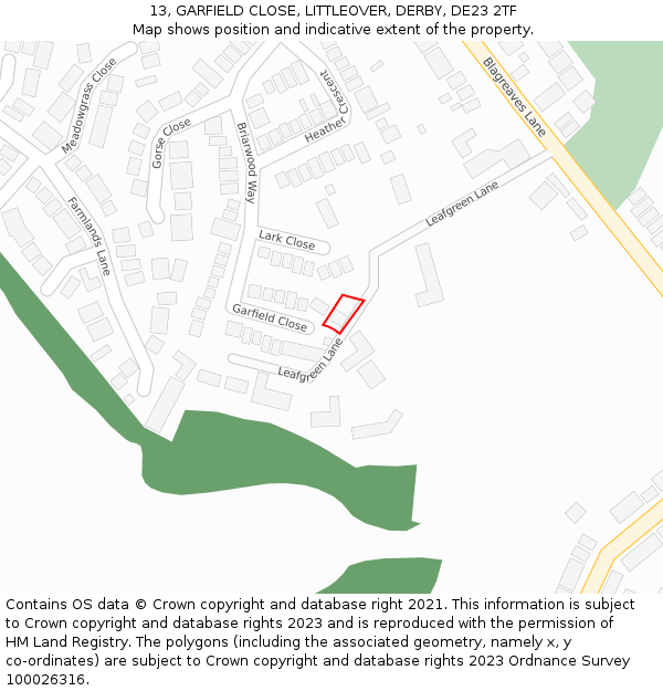 13, GARFIELD CLOSE, LITTLEOVER, DERBY, DE23 2TF: Location map and indicative extent of plot