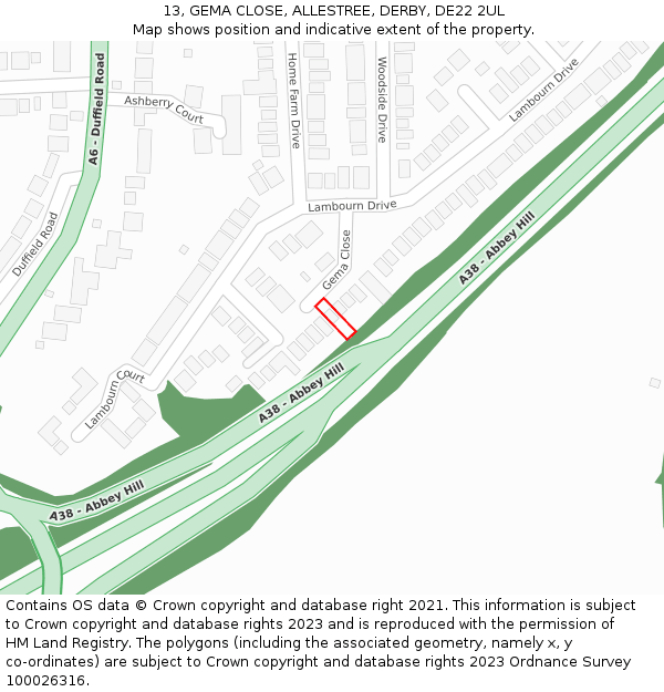 13, GEMA CLOSE, ALLESTREE, DERBY, DE22 2UL: Location map and indicative extent of plot