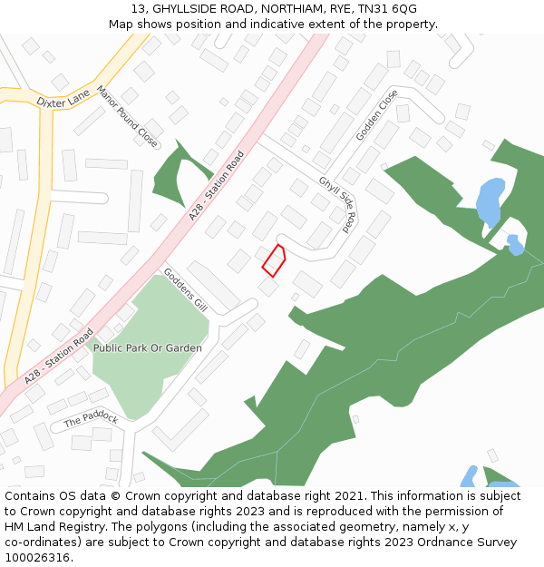13, GHYLLSIDE ROAD, NORTHIAM, RYE, TN31 6QG: Location map and indicative extent of plot