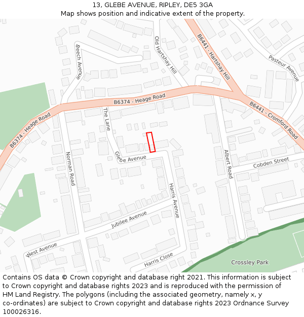13, GLEBE AVENUE, RIPLEY, DE5 3GA: Location map and indicative extent of plot