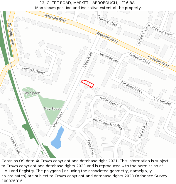 13, GLEBE ROAD, MARKET HARBOROUGH, LE16 8AH: Location map and indicative extent of plot