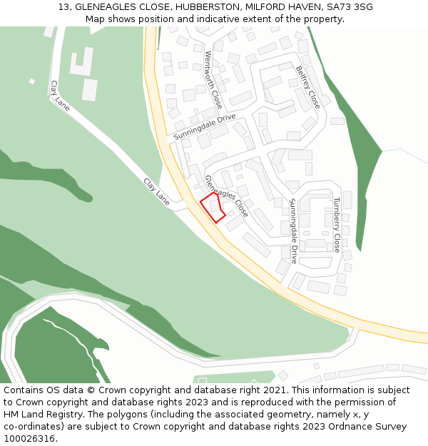 13, GLENEAGLES CLOSE, HUBBERSTON, MILFORD HAVEN, SA73 3SG: Location map and indicative extent of plot