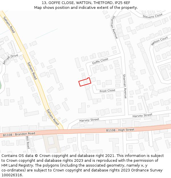13, GOFFE CLOSE, WATTON, THETFORD, IP25 6EF: Location map and indicative extent of plot